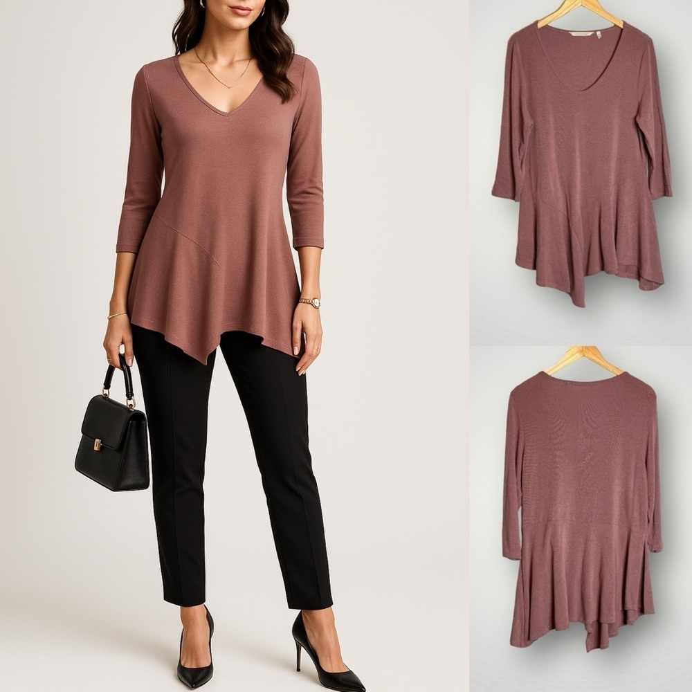 Soft Surroundings Asymmetric Tunic Size Large 3/4 Sleeve V Neck Stretch